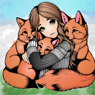 realistic, looking girl hugging, foxes