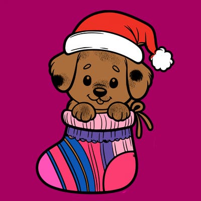 cute puppy wearing santa hat in socking