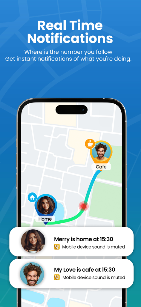 Findos - Find My Device - 地図上のリアルタイム位置情報通知とデバイスステータスを示すFindosアプリのインターフェース