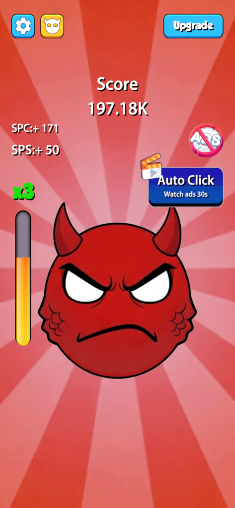 Fun Clicker. - Gameplay screenshot of Fun Clicker featuring an angry red devil character and game score