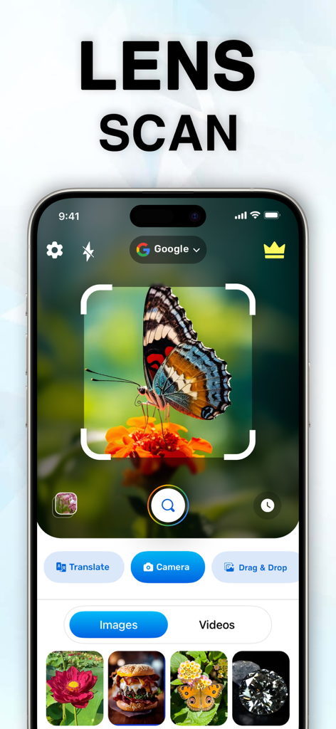Smartphone mit der Lens Scan App-Oberfläche, die einen Schmetterling mithilfe von KI-Bilderkennung identifiziert
