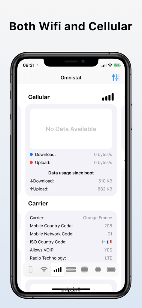 Omnistat 2 - Omnistat 2アプリのインターフェイスには、iPhone上の詳細なセルラーネットワークデータとキャリア情報が表示されます