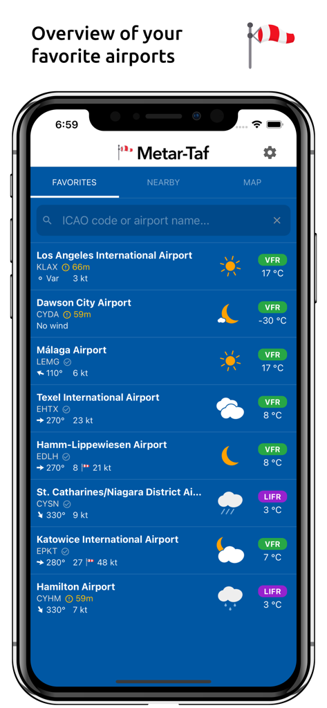 Metar-Taf mobile app interface showing aviation weather and flight rules for a list of favorite airports