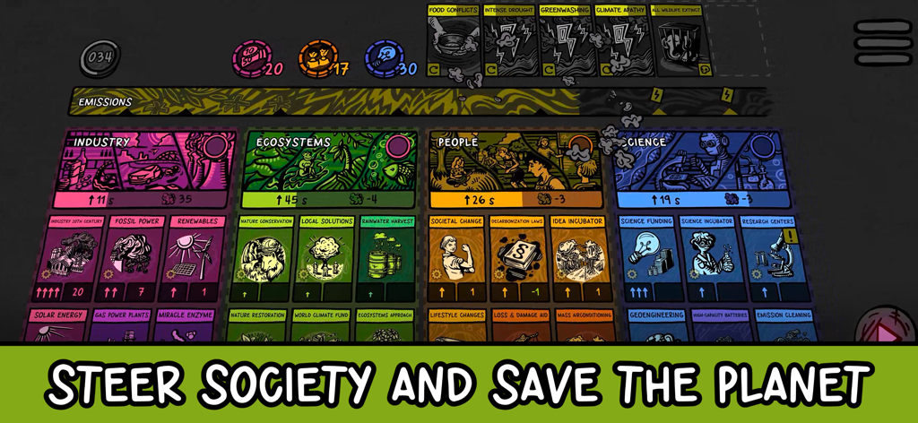 Beecarbonize - Beecarbonize gameplay screenshot showing cards for industry ecosystems people and science categories