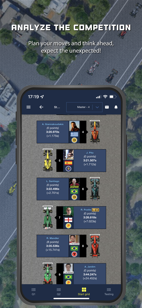 Grid de largada do gerente de corrida GPRO mostrando classificações de pilotos e estatísticas de carros de corrida