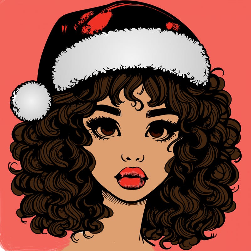 realistic girl with a santa hat curly hair and lips
