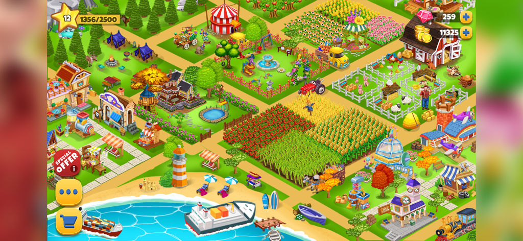 Top down view of a colorful virtual farm village with diverse crops animal pens and a seaside dock