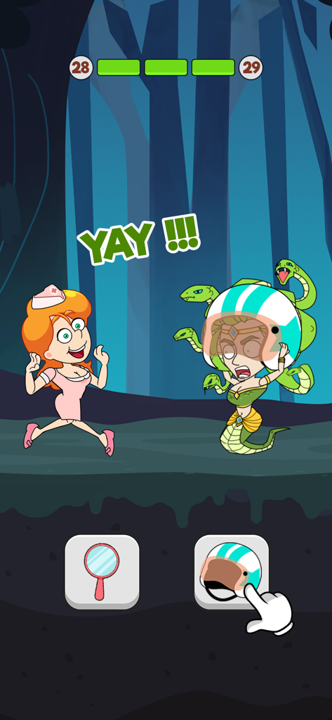 Save The Lady - Save The Lady Spielbildschirm, der ein Rätsellevel zeigt, bei dem der Spieler einen Helm wählt, um eine Medusa-Figur zu besiegen.