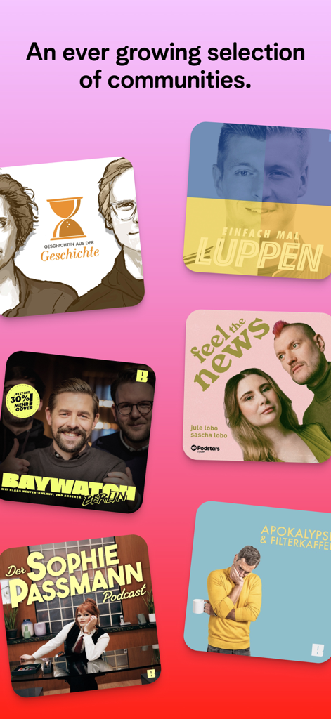 '계속 성장하는 커뮤니티 선택'이라는 헤드라인 아래 분홍색 배경에 인기 팟캐스트 커버 아트 타일 모음.