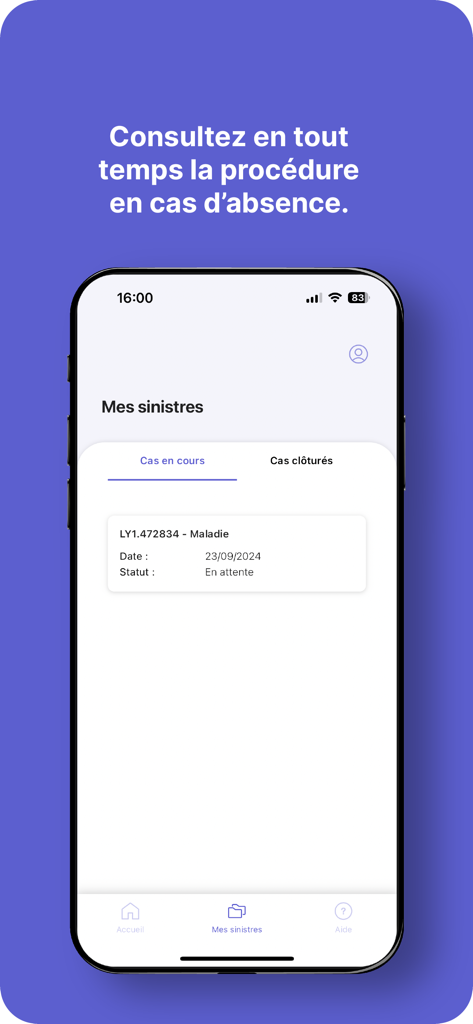 Loyapps Mobile - Loyapps Mobile screen displaying an ongoing sickness claim with status pending and absence procedure consultation.