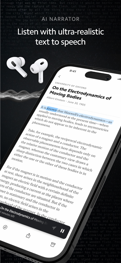 Matter: Reading App - Matter app showing ultra-realistic text to speech feature on a smartphone with wireless earbuds
