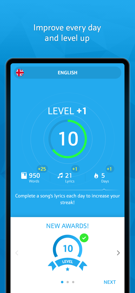 LingoClip - Interfaz de la aplicación LingoClip que muestra el progreso del nivel diez y los logros de racha diaria