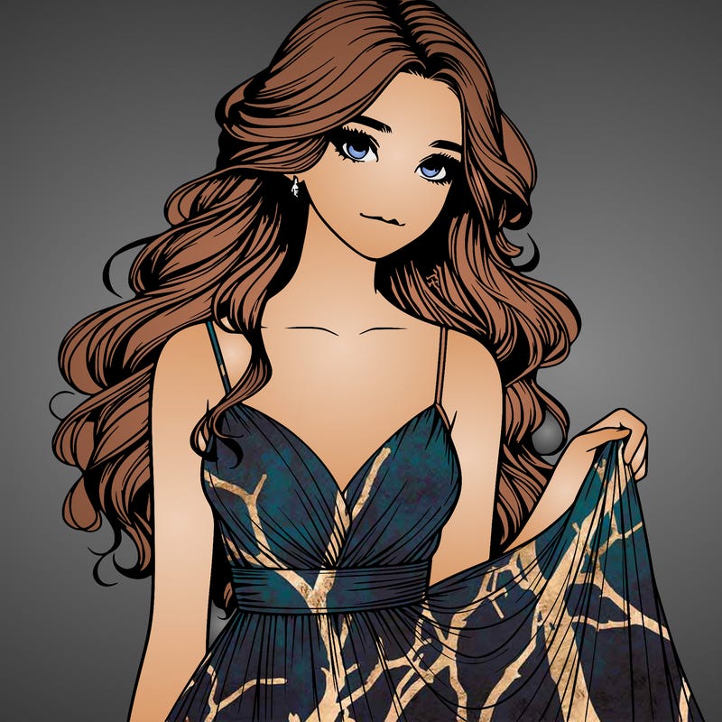 realistic girl in flowy silky prom dress