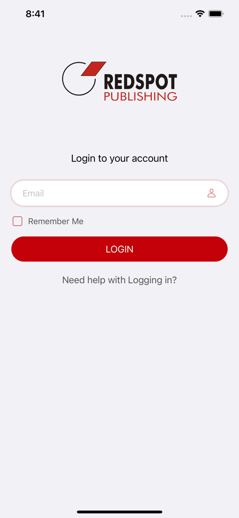 Page de connexion Redspot eBooks avec champ d'adresse e-mail et bouton de connexion rouge