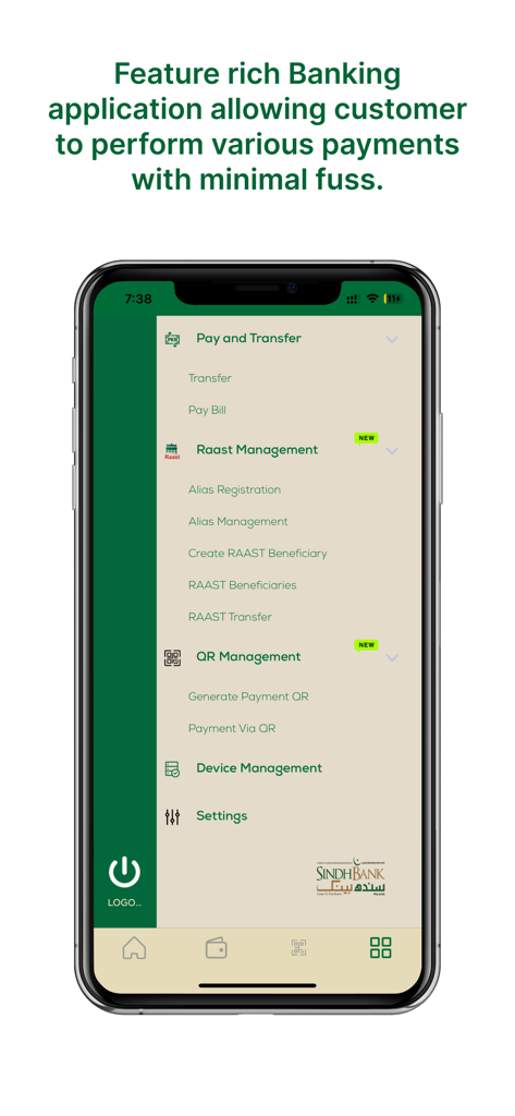 Sindh Bank - Sindh Bank mobile app menu screen displaying payment, Raast management, and QR code options.