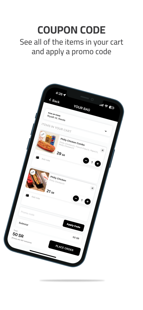 HAJI | حجي - HAJI app cart interface with food items and a promo code entry