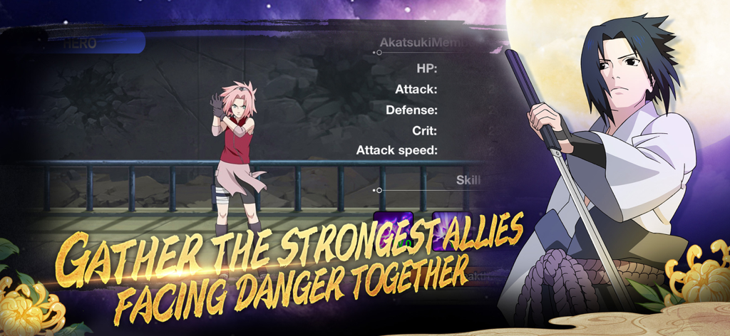 Naruto: Ninja Spirit - Sakura Haruno e Sasuke Uchiha em destaque em uma tela de recrutamento com estatísticas de combate