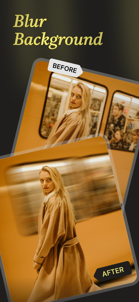 Unblur: Photo Quality Enhancer - Before and after comparison showing the background blur effect on a portrait photo