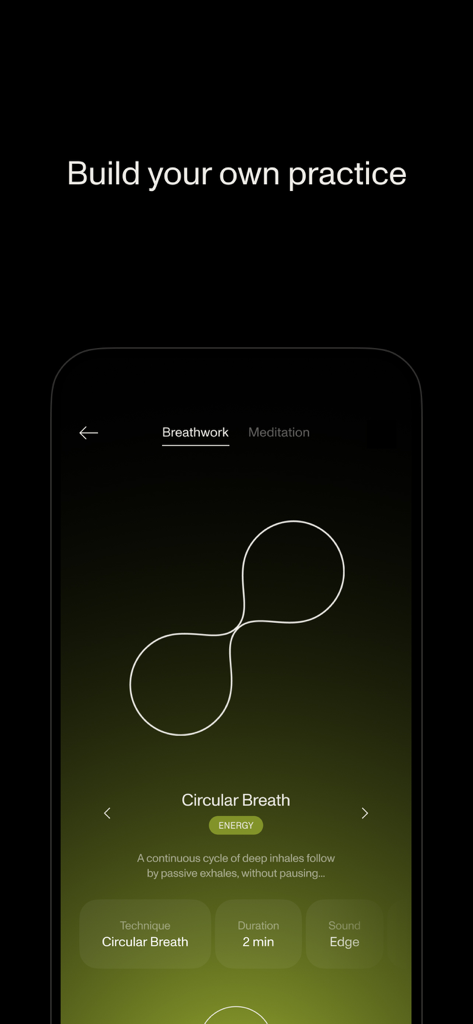Interface of the Open app showing the build your own practice screen with a circular breathwork session selected