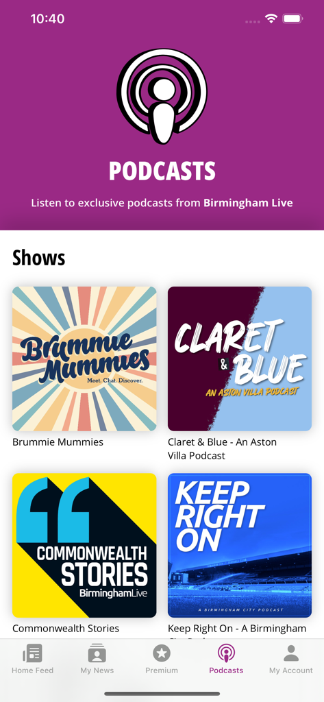 Birmingham Live - Birmingham Live app podcasts section featuring exclusive shows about Aston Villa and Birmingham City football clubs