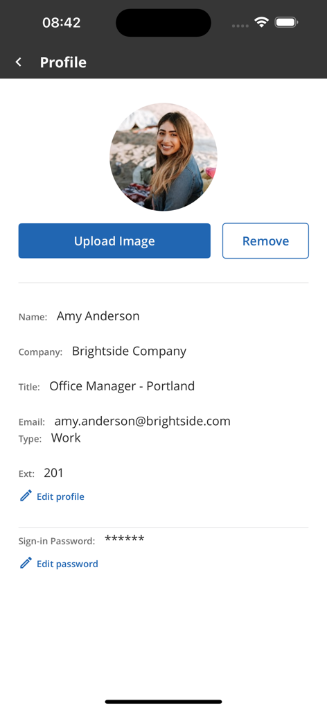 ConnectUC - ConnectUC app profile screen showing professional user details including name company job title and business extension
