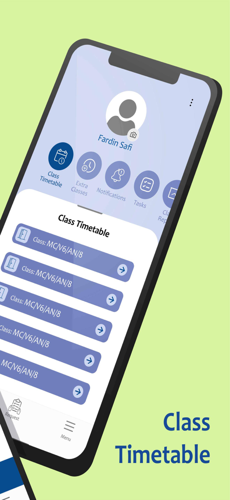 Team MELI - Interface of the Team MELI app showing the class timetable for a teacher on a smartphone screen.