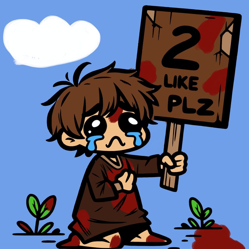 small poor toddler crying with sign that says 2 like plz