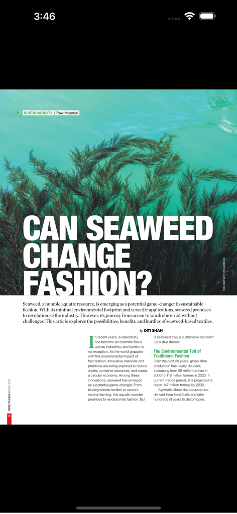 Fibre2Fashion (Magazine) - Screenshot of the Fibre2Fashion magazine app showing a featured article about seaweed as a sustainable raw material in fashion