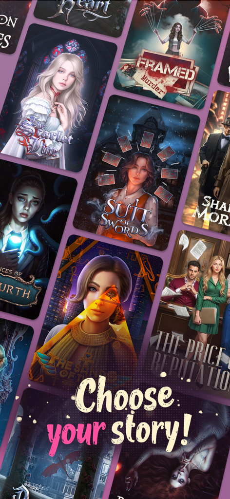 Senses - Choose Romance Story - ファンタジーミステリーや現代ロマンスのテーマを含む、センセスアプリの多様なインタラクティブストーリーカバーのコラージュ。