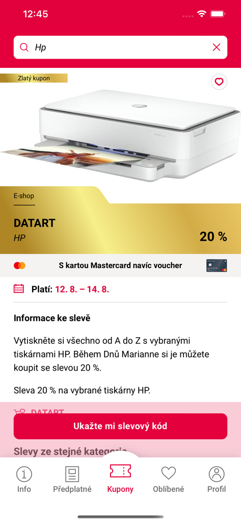 Dny Marianne shopping app showing a discount coupon for an HP printer at Datart