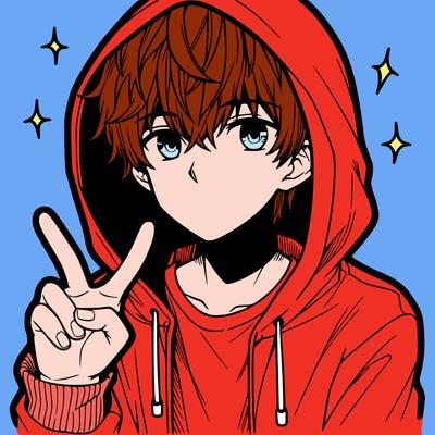 teenage manga boy in a hoodie, doing ✌