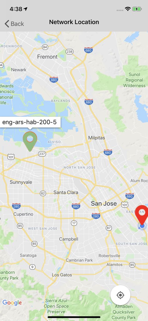 RUCKUS Unleashed 모바일 앱 내에서 San Jose 지역의 네트워크 액세스 포인트 위치를 보여주는 지도