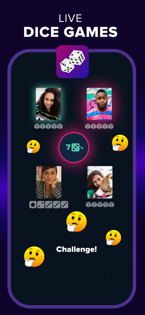 Four players participating in a live video chat while playing a dice game on the pop.in app