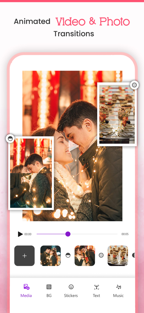 Video Maker - Slideshow Editor - Interface do usuário do aplicativo Criador de Vídeos apresentando edição de slideshow de fotos com transições animadas.