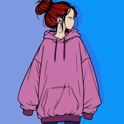 realistic girl with a oversized sweatshirt on and a bun
