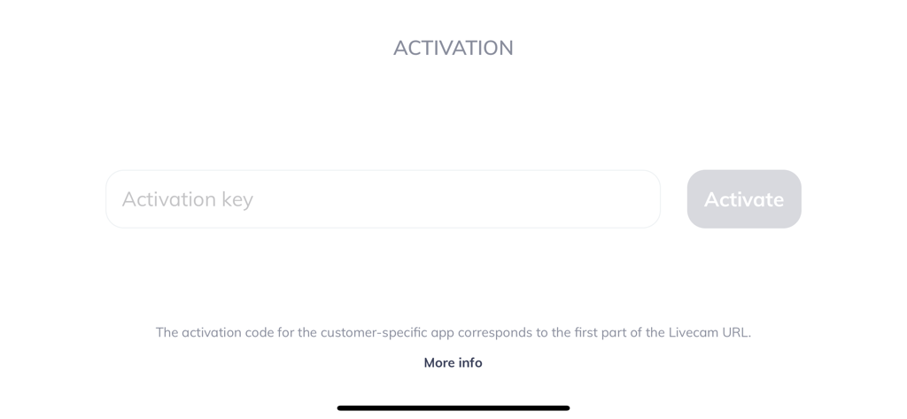 Roundshot Livecam - Activation screen for Roundshot Livecam app with a text field for entering an activation key and an activate button