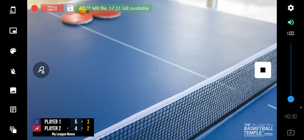 BT Table Tennis Camera interface recording a ping pong match with a live scoreboard overlay