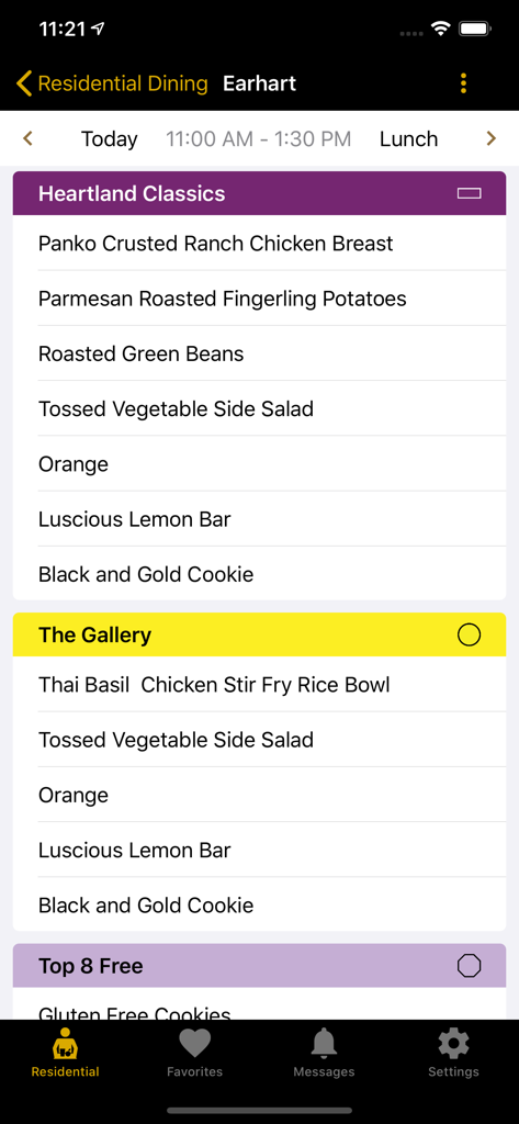 Purdue Mobile Menus - Purdue Mobile Menus app displaying the Earhart dining court lunch menu including dishes like ranch chicken and Thai basil stir fry.