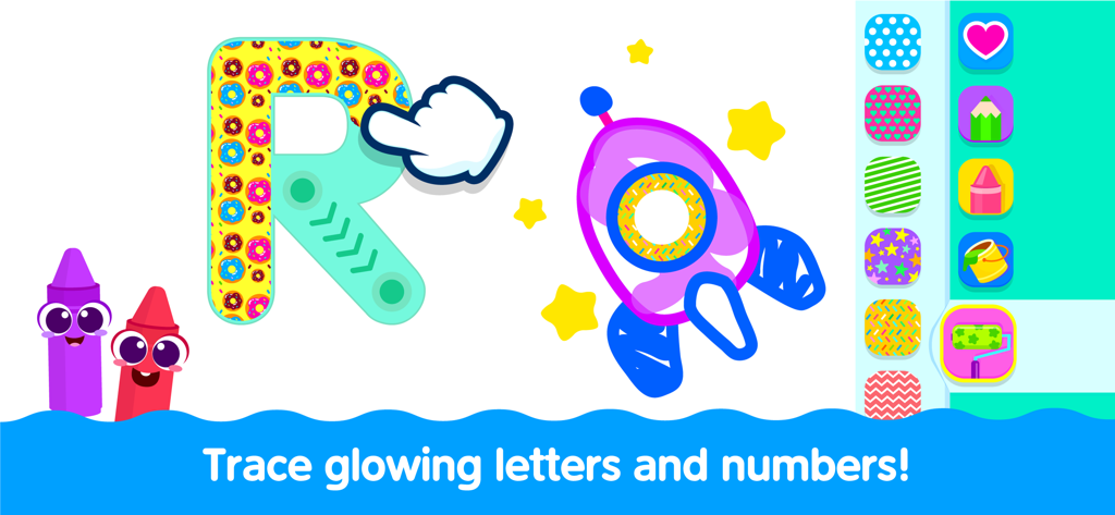 Kind zeichnet den Buchstaben R mit Donuts nach in einem lehrreichen Zeichenspiel für Kinder