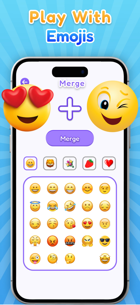 Emoji Merge & Mix Emoji Maker - Pantalla de smartphone que muestra la función de fusión de la aplicación Emoji Merge y Mix donde se combinan dos emojis de cara para crear uno nuevo