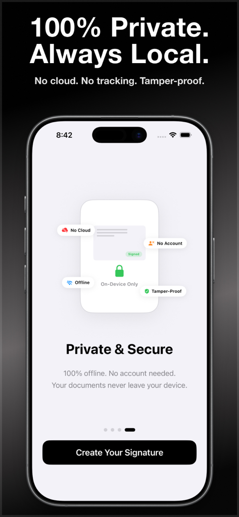 eSign PDF - Signature Maker - Tela do aplicativo móvel mostrando recursos de assinatura de documentos privados e seguros, incluindo modo offline e sem armazenamento em nuvem