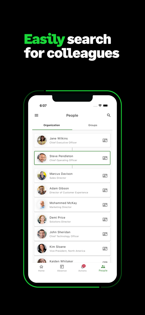 Sage People - Sage People App-Oberfläche, die ein durchsuchbares Mitarbeiterverzeichnis mit Fotos und Berufsbezeichnungen anzeigt