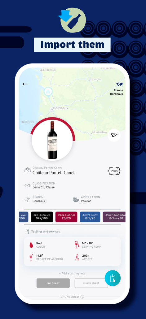 PLOC, you'll be wine - A detailed wine profile in the PLOC app showing ratings, region, and tasting notes for a Bordeaux bottle.