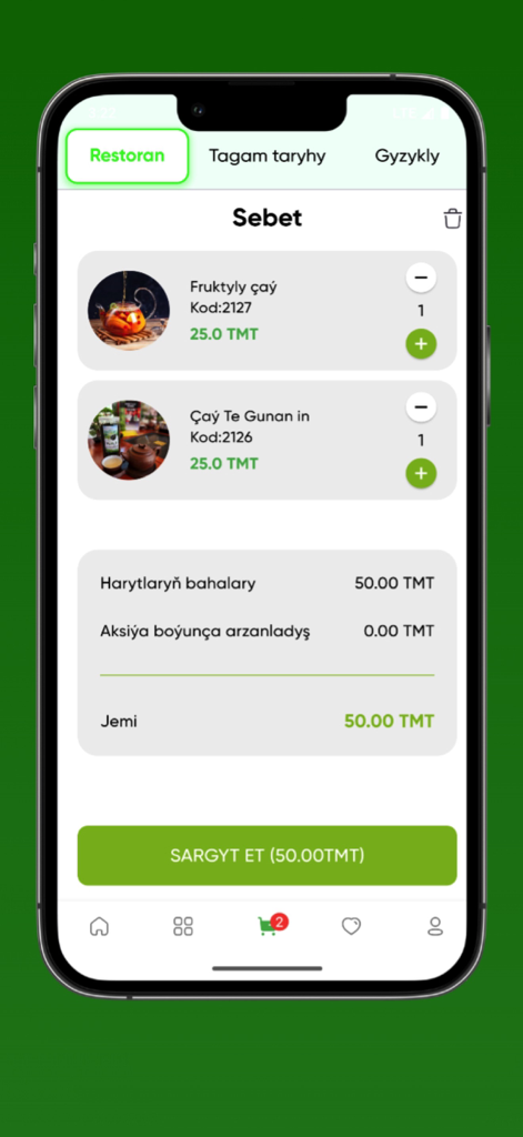 Bamboo Ho-Go Restaurant - Checkout screen of the Bamboo Ho-Go Restaurant app showing a food basket with tea items and total price.