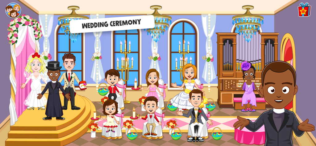 A cartoon wedding ceremony with a bride, groom, and guests in a decorated chapel.