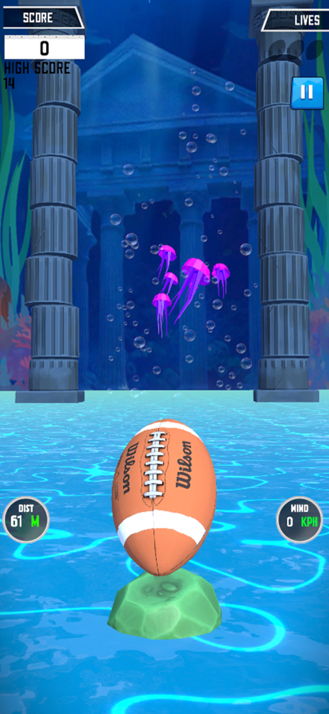 A rugby ball ready for a kick in an underwater Greek temple environment with pink jellyfish