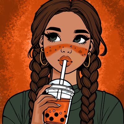 realistic girl with braided hair drinking boba