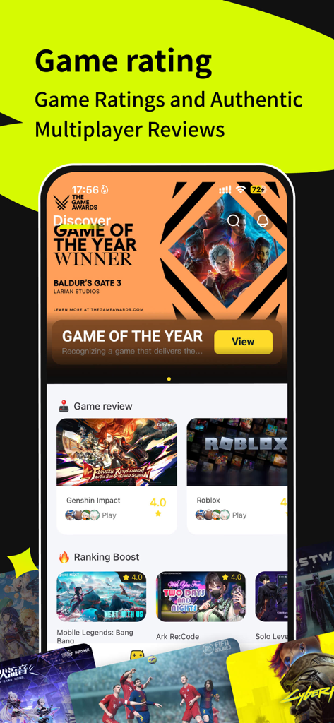 EasyFun-Find fun gamers - Interface do aplicativo mobile EasyFun mostrando classificações de jogos e avaliações multiplayer autênticas para títulos populares como Genshin Impact e Roblox