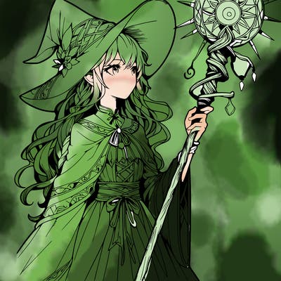 a realistic fantasy manga witch with a staff