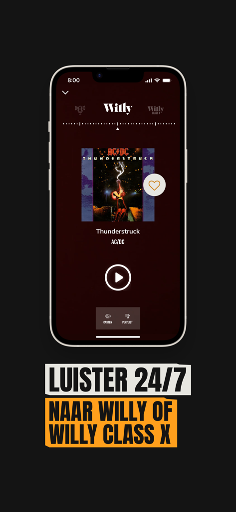 Willy - Smartphone screen showing the Willy app playing Thunderstruck by AC/DC with a 24/7 music stream call to action.